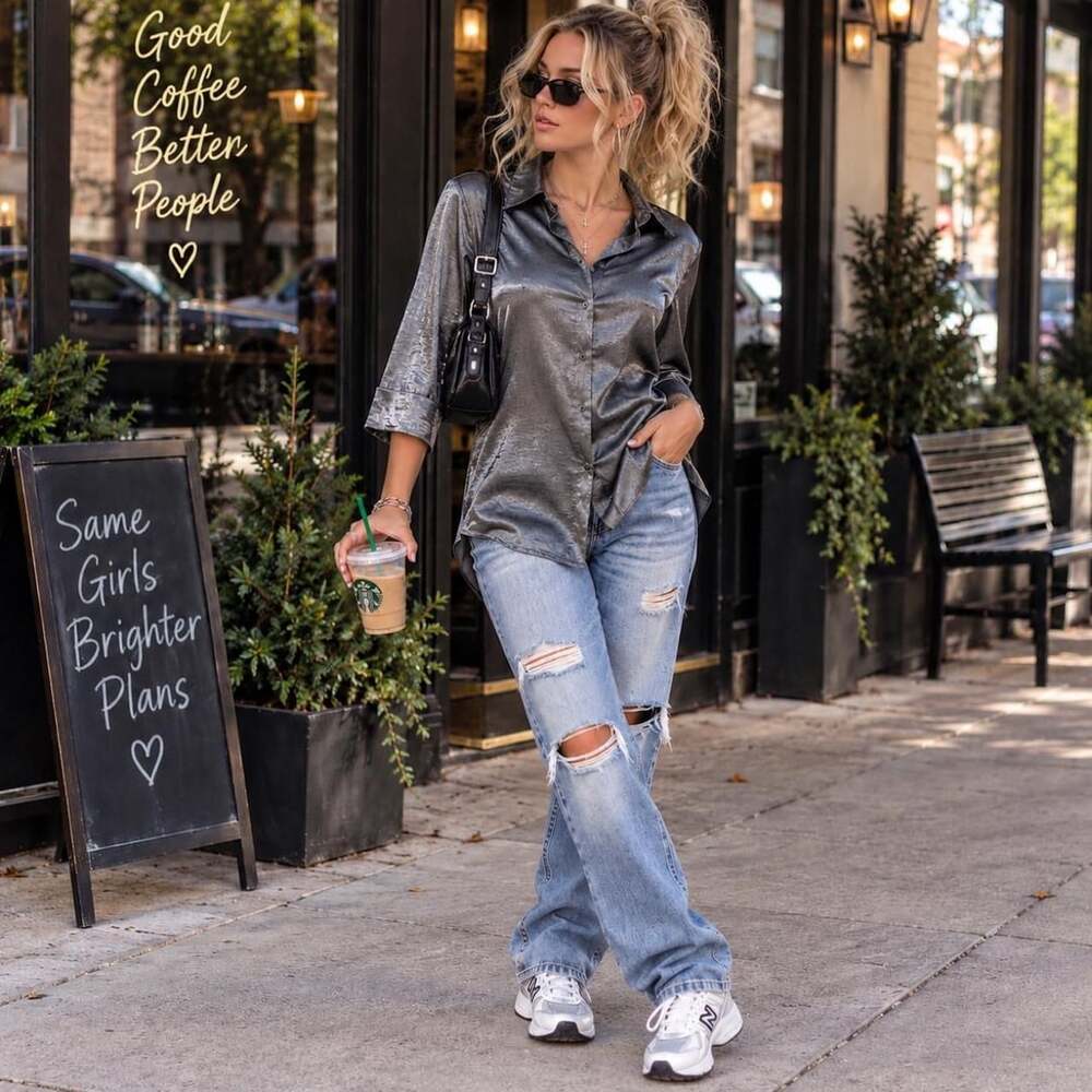 Boho Chic Metallic Silver Tunic Blouse